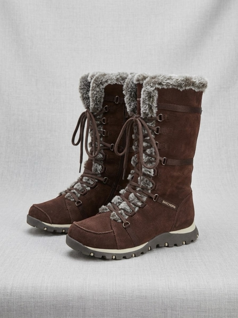 Skechers Brown Suede & Faux-Fur Tall Winter Snow Boots Style 45419 in Brown